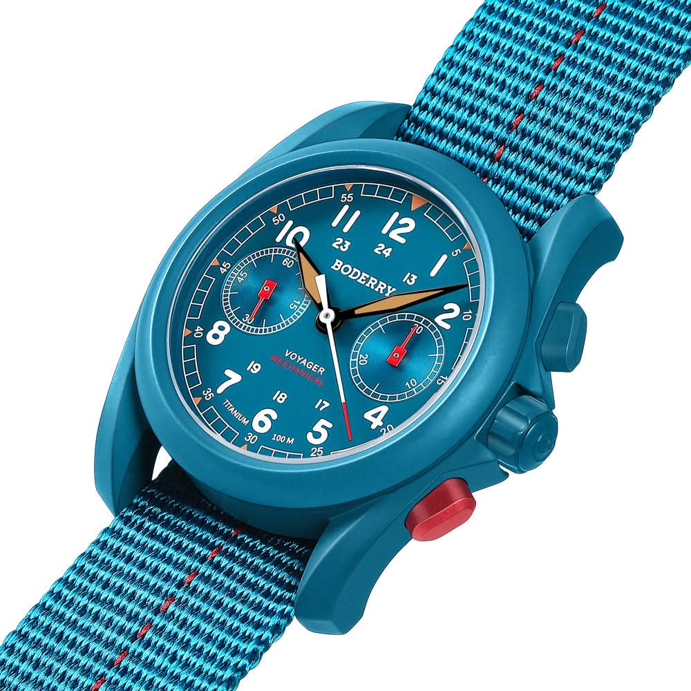 VOYAGER Chronograph - Titanium Mechanical Field Watch, 100M Water Resistant | Cerulean Blue