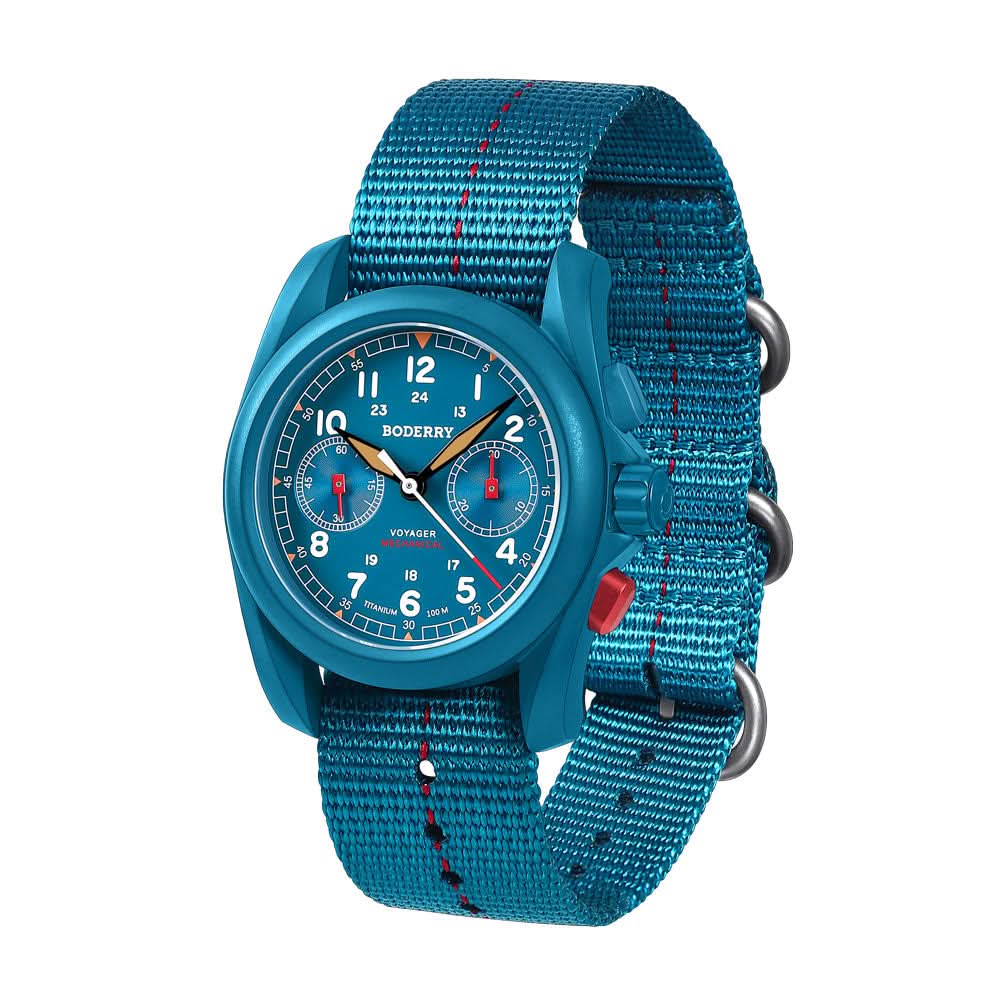 VOYAGER Chronograph - Titanium Mechanical Field Watch, 100M Water Resistant | Cerulean Blue/Bracelet
