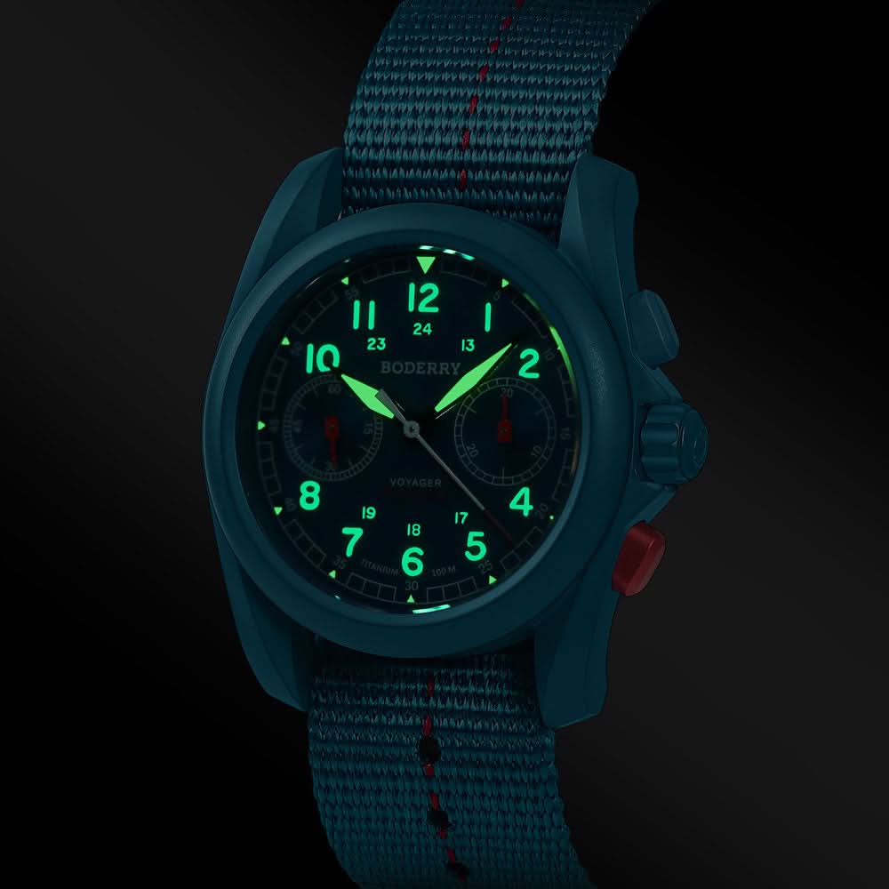 VOYAGER Chronograph - Titanium Mechanical Field Watch, 100M Water Resistant | Cerulean Blue/Bracelet