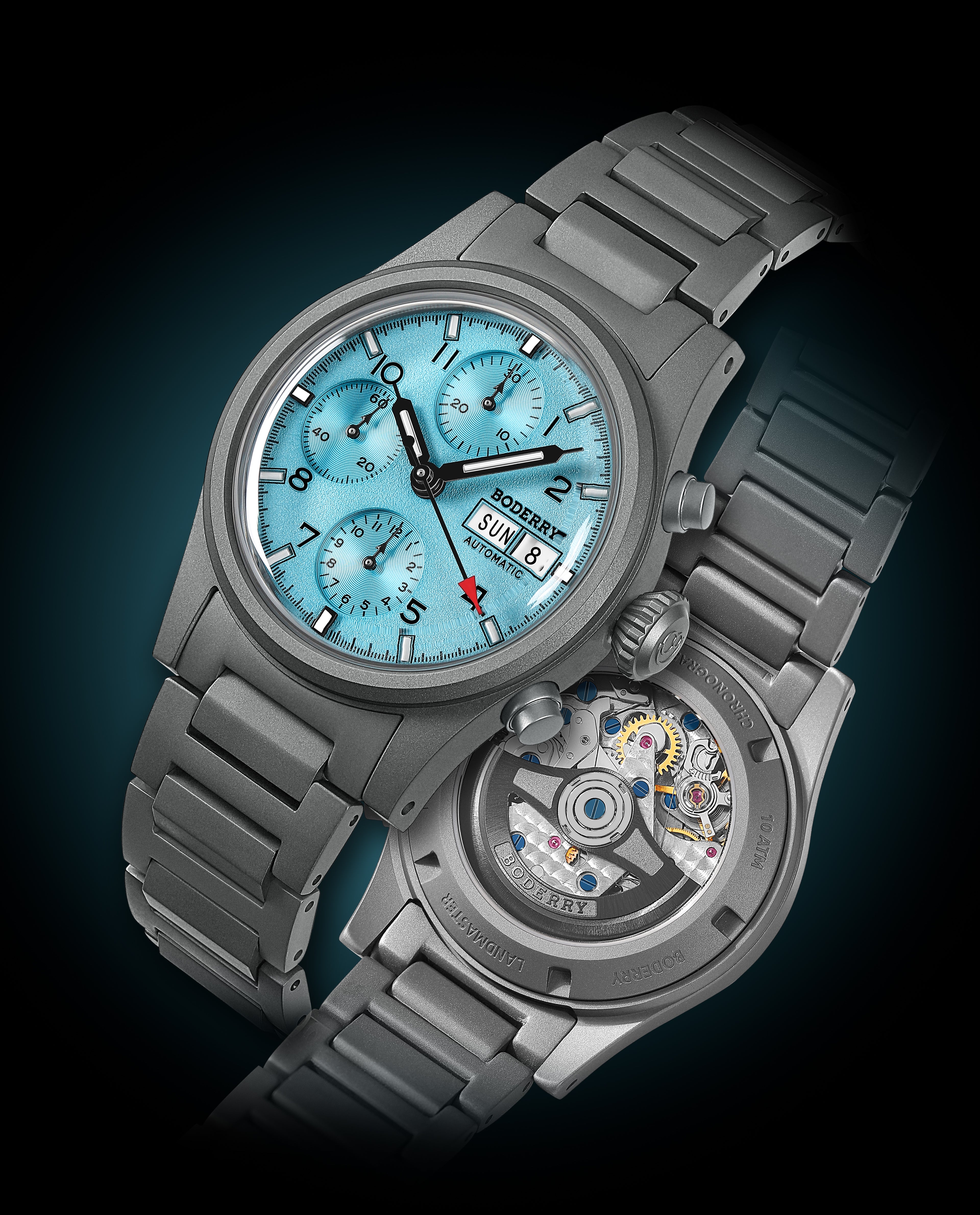 LANDMASTER Chronograph – Titanium Automatic Tritium Field Watch | Ice Blue-bracelet