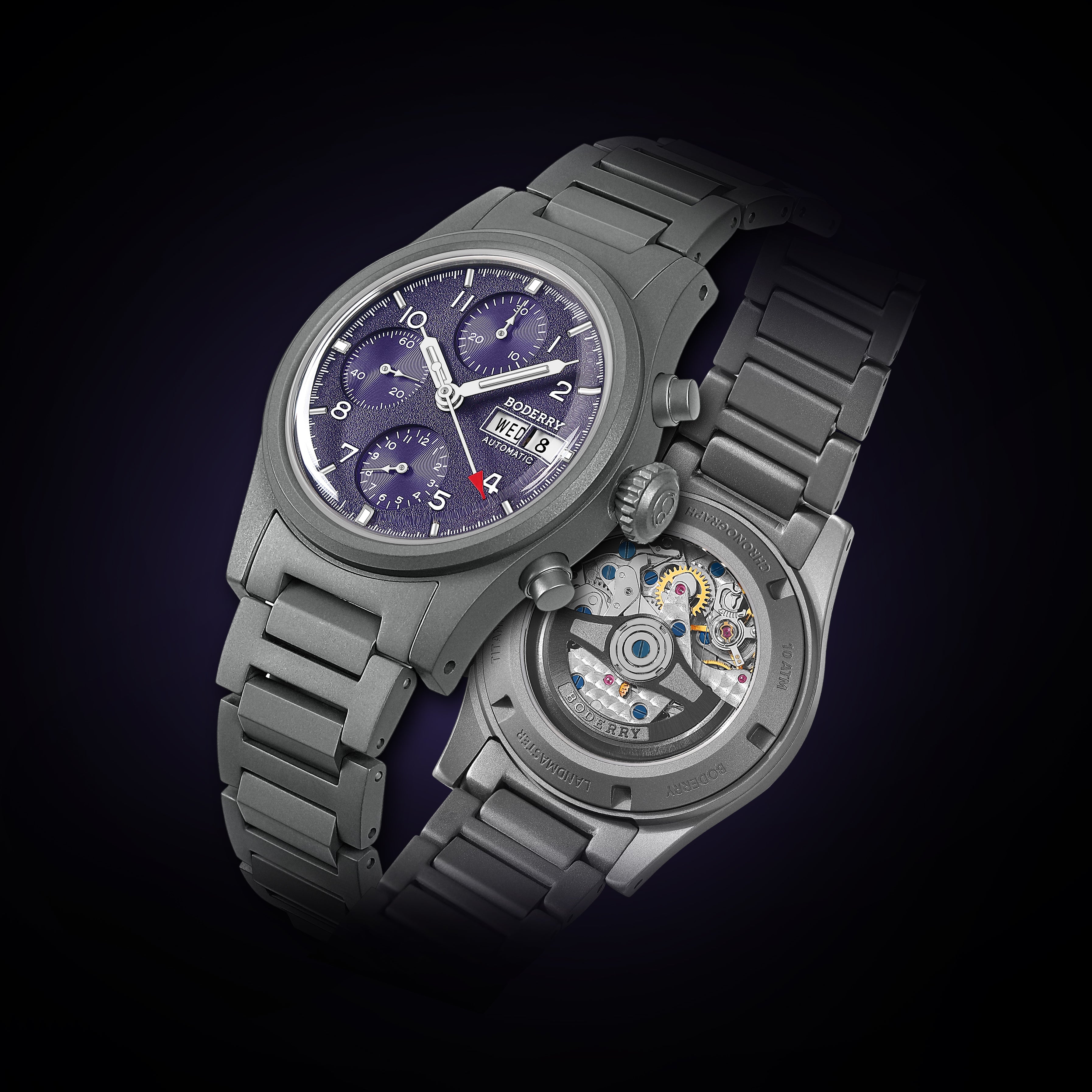 LANDMASTER Chronograph – Titanium Automatic Tritium Field Watch | Purple-bracelet