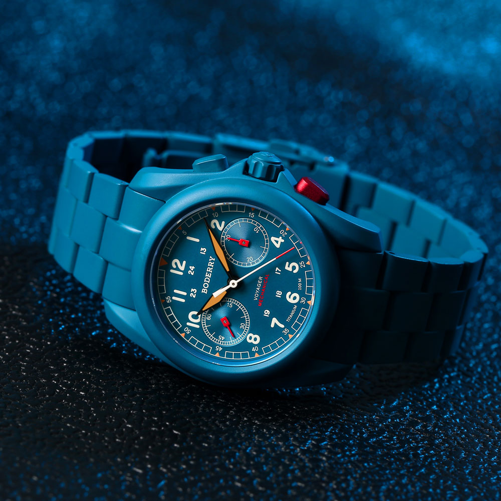 VOYAGER Chronograph - Titanium Mechanical Field Watch, 100M Water Resistant | Cerulean Blue/Bracelet