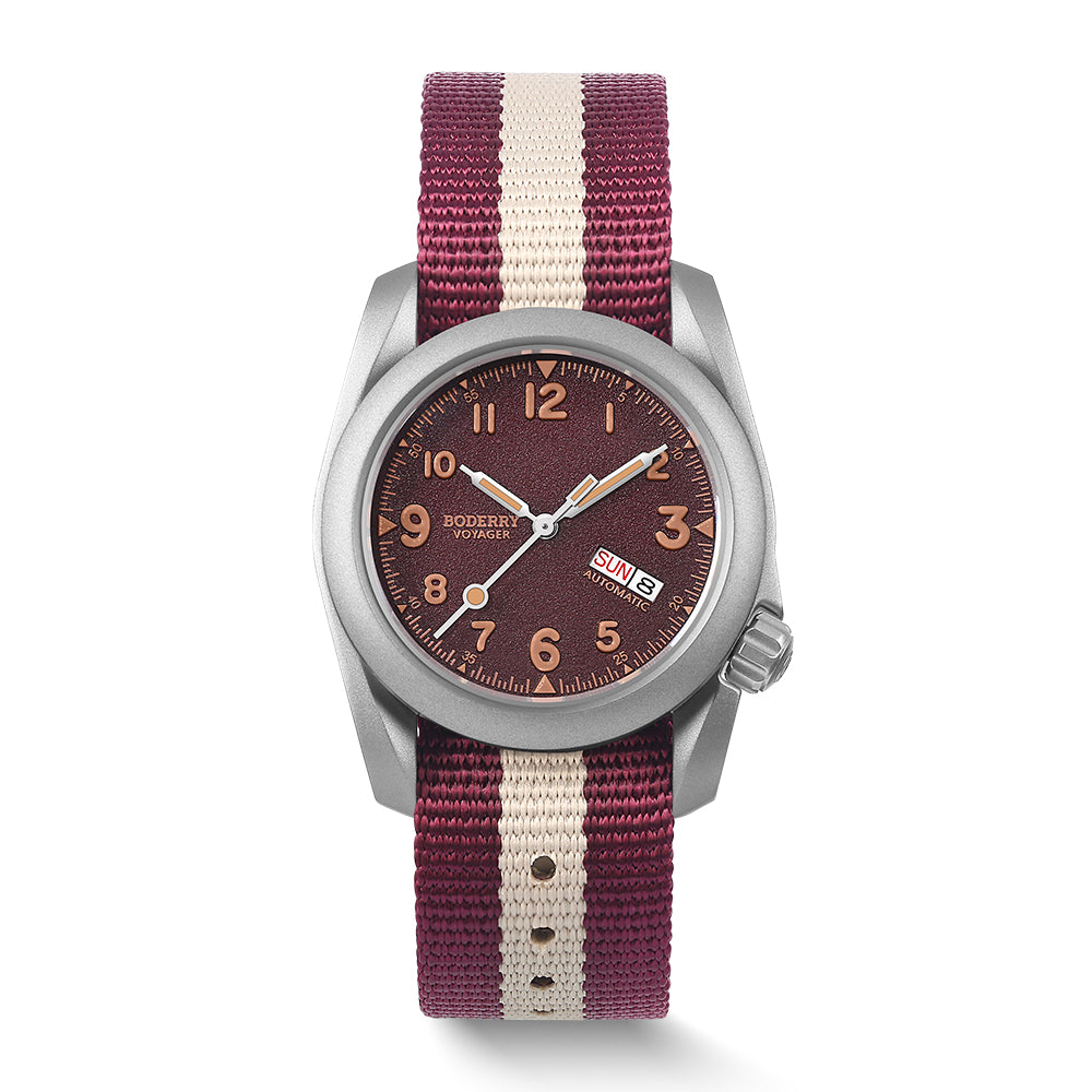 VOYAGER - 100M Waterproof Titanium Automatic Field Watch | Claret-Red Day,Date