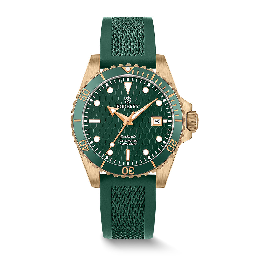 SEATURTLE.OCEAN(BRONZE) - Automatic Bronze Diver Watch | Turtle Green/FKM Rubber