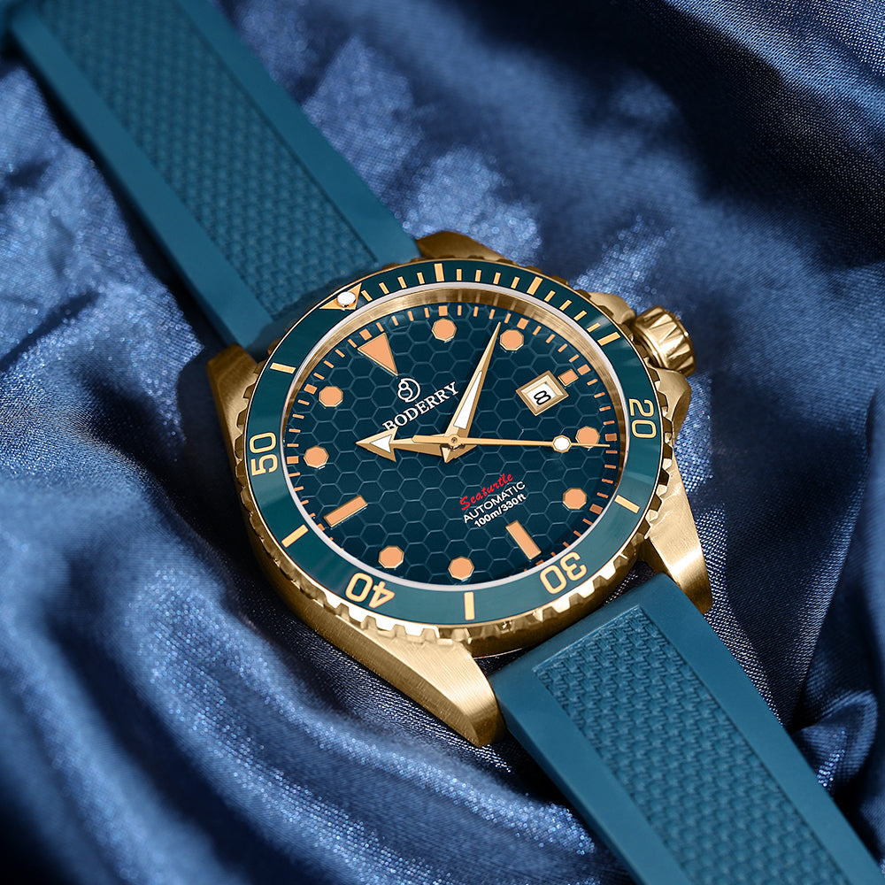 SEATURTLE.OCEAN(BRONZE) - Automatic Bronze Diver Watch | Sea Blue/FKM Rubber