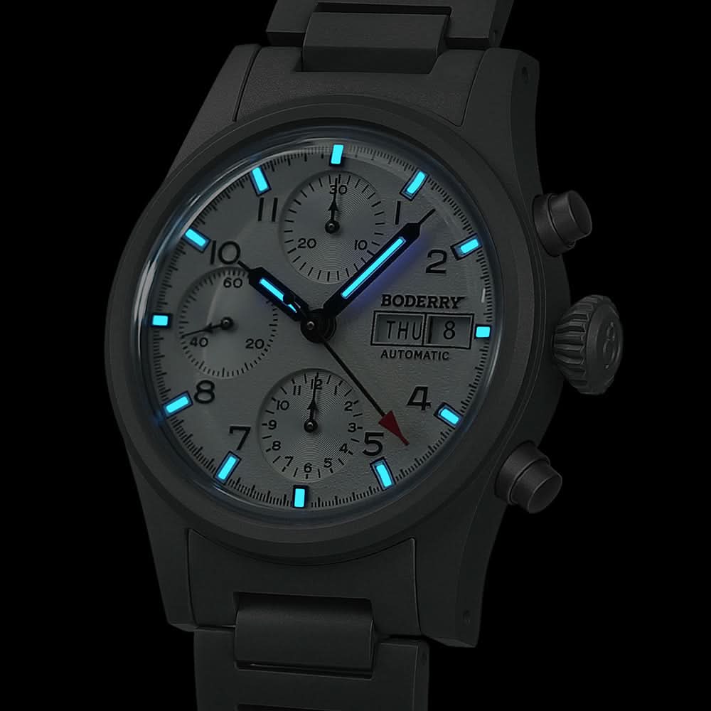 LANDMASTER Chronograph – Titanium Automatic Tritium Field Watch | White-bracelet