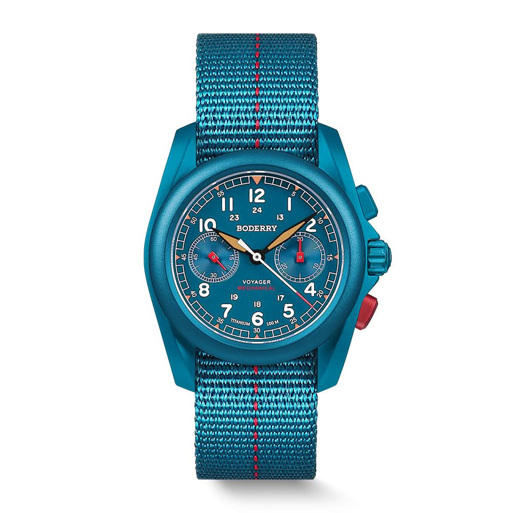 VOYAGER Chronograph - Titanium Mechanical Field Watch, 100M Water Resistant | Cerulean Blue