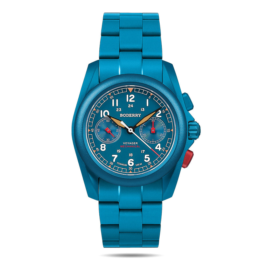 VOYAGER Chronograph - Titanium Mechanical Field Watch, 100M Water Resistant | Cerulean Blue/Bracelet