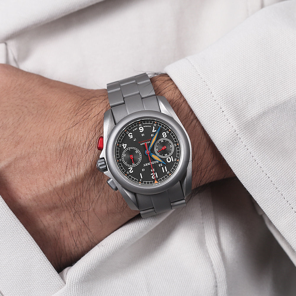 VOYAGER Chronograph - Titanium Mechanical Field Watch, 100M Water Resistant | Grey/Bracelet