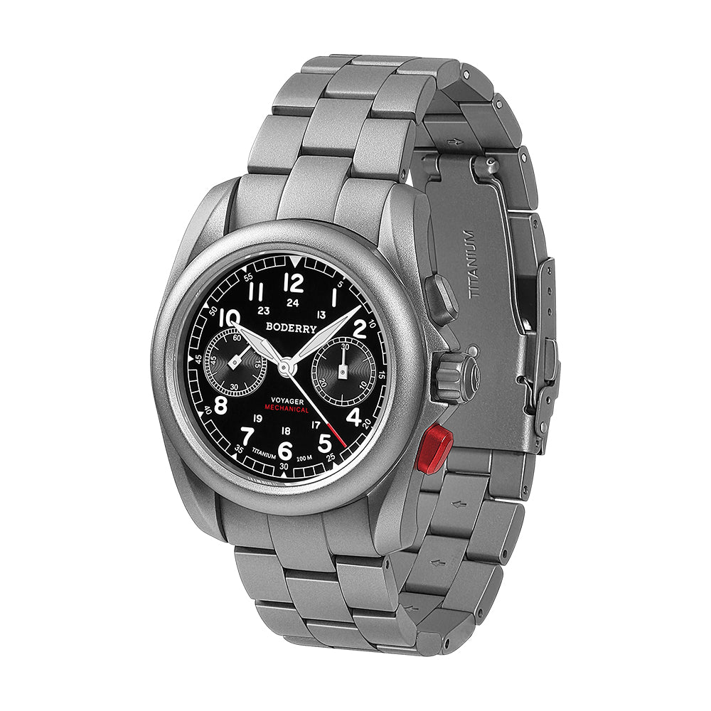 VOYAGER Chronograph - Titanium Mechanical Field Watch, 100M Water Resistant | Black/Bracelet
