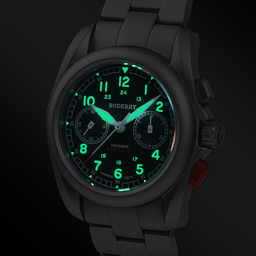 VOYAGER Chronograph - Titanium Mechanical Field Watch, 100M Water Resistant | Black/Bracelet