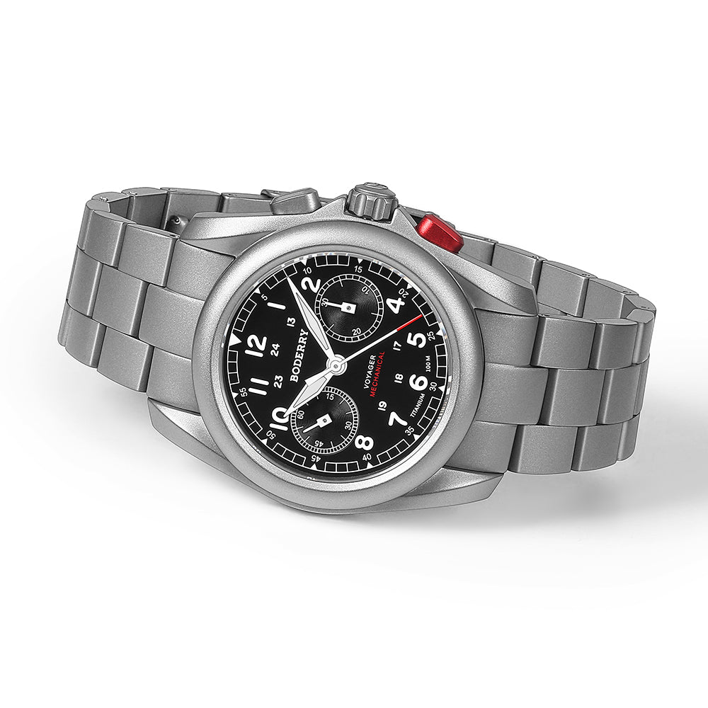VOYAGER Chronograph - Titanium Mechanical Field Watch, 100M Water Resistant | Black/Bracelet