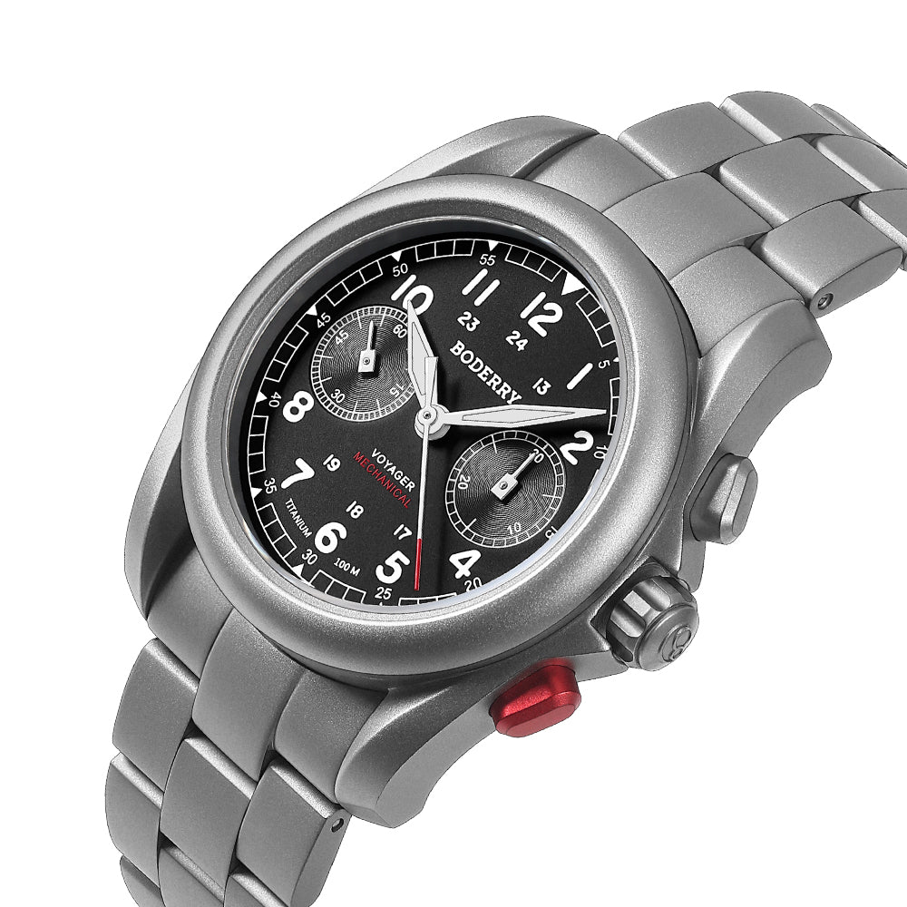 VOYAGER Chronograph - Titanium Mechanical Field Watch, 100M Water Resistant | Black/Bracelet