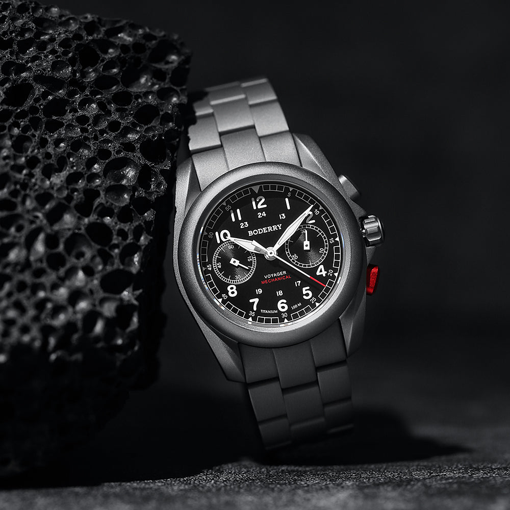 VOYAGER Chronograph - Titanium Mechanical Field Watch, 100M Water Resistant | Black/Bracelet