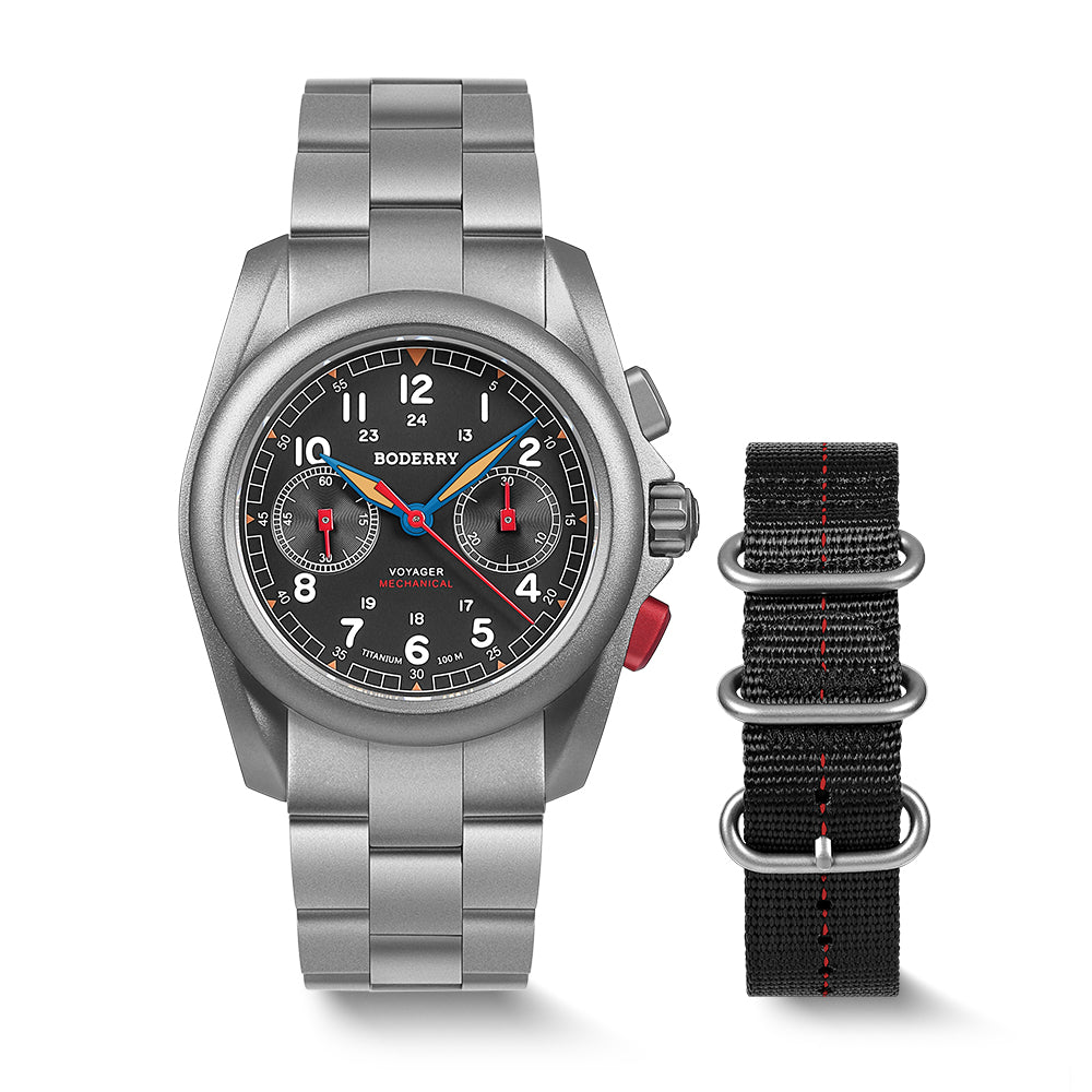 VOYAGER Chronograph - Titanium Mechanical Field Watch, 100M Water Resistant | Grey/Bracelet