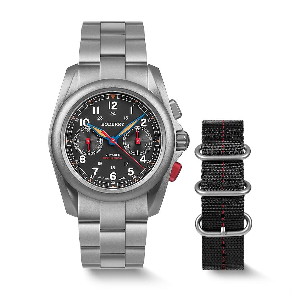 VOYAGER - ساعة ميدانية أوتوماتيكية من التيتانيوم مقاومة للماء 100 متر | أسود