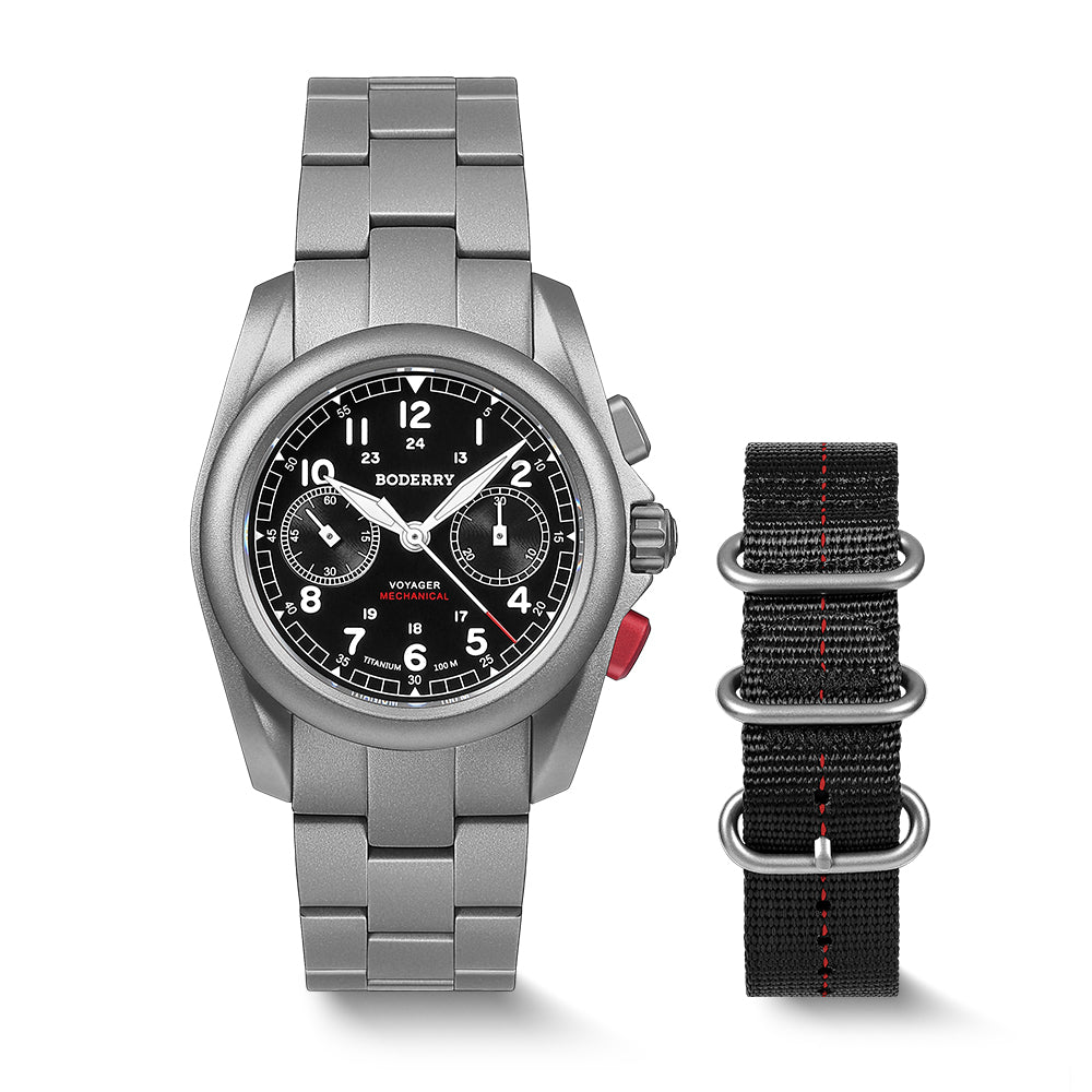 VOYAGER Chronograph - Titanium Mechanical Field Watch, 100M Water Resistant | Black/Bracelet