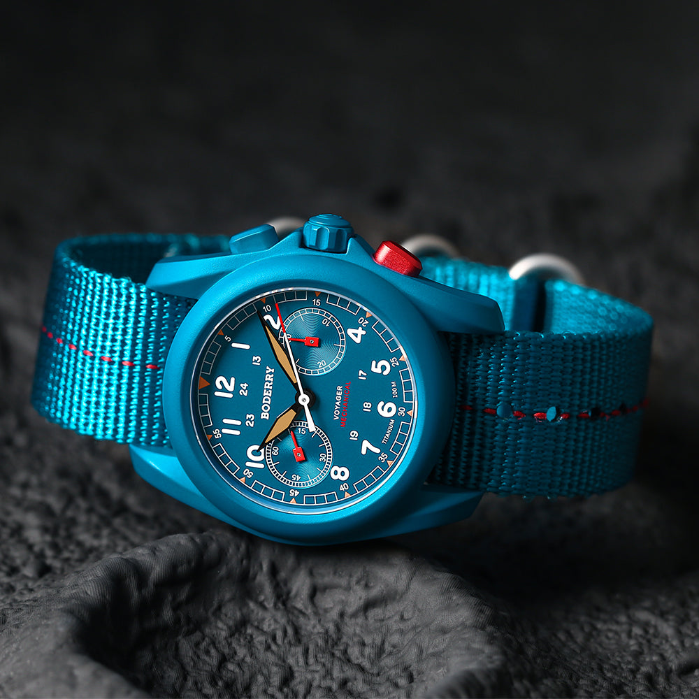 VOYAGER Chronograph - Titanium Mechanical Field Watch, 100M Water Resistant | Cerulean Blue