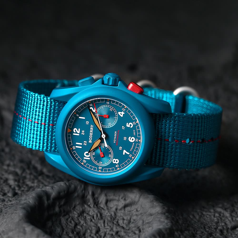 VOYAGER Chronograph - Titanium Mechanical Field Watch, 100M Water Resistant | Cerulean Blue