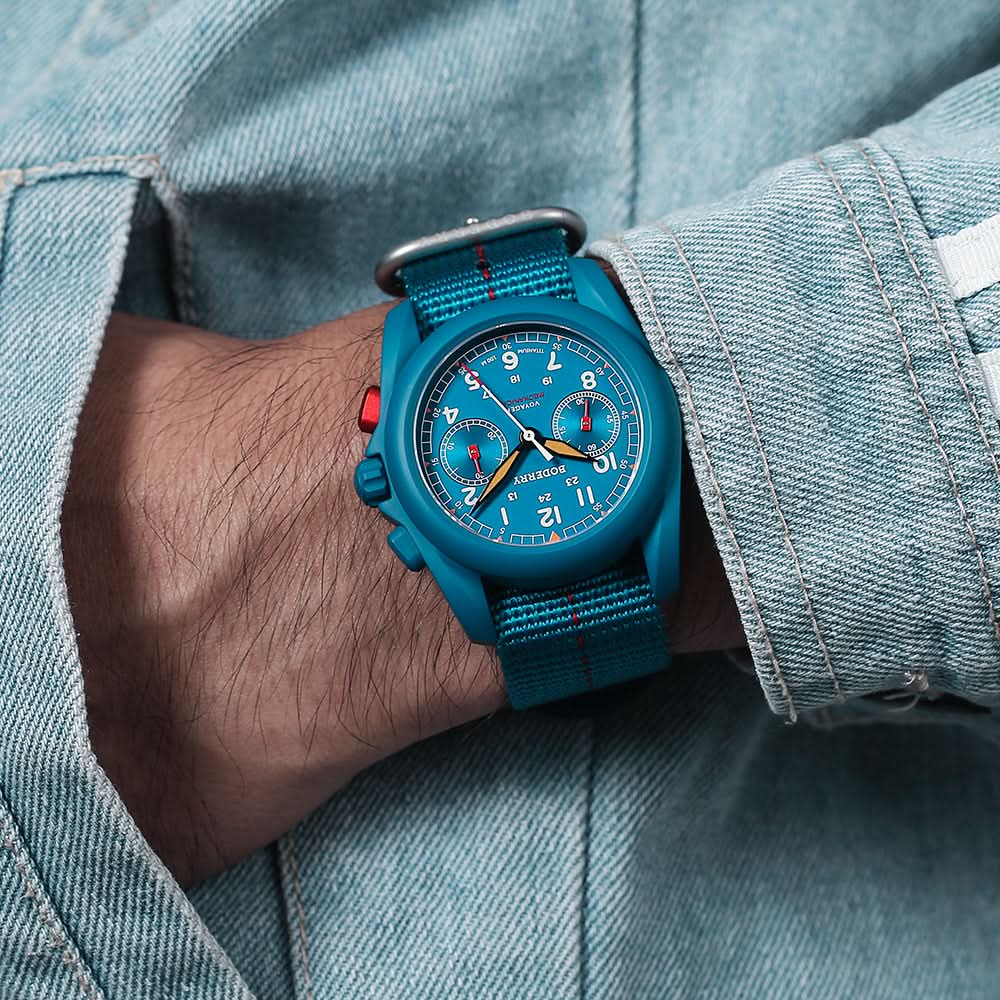 VOYAGER Chronograph - Titanium Mechanical Field Watch, 100M Water Resistant | Cerulean Blue/Bracelet