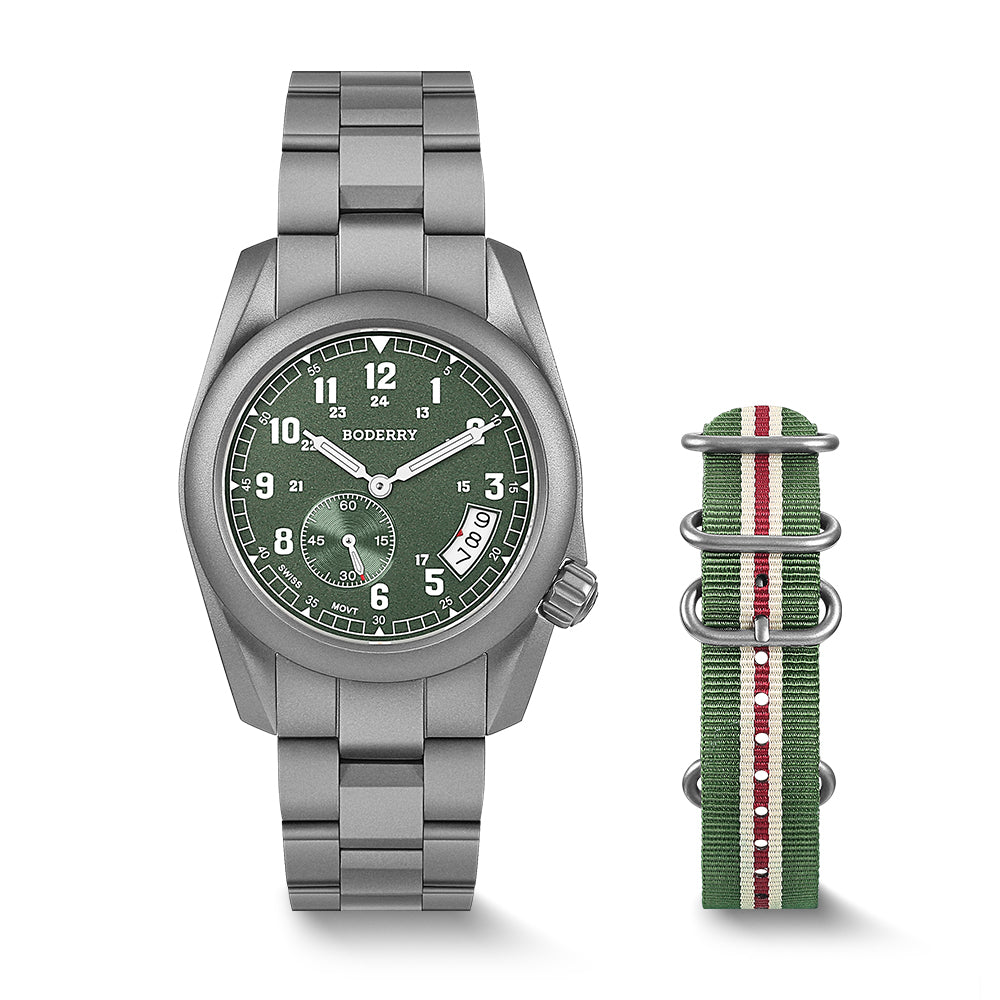 VOYAGER 38 100M Waterproof Titanium Field Watch Green-bracelet