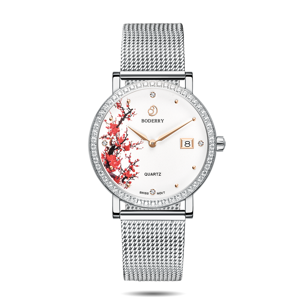 Women Watch | Plum Blossom Silver Mesh Watch-Boderry Flower Boderry Watches