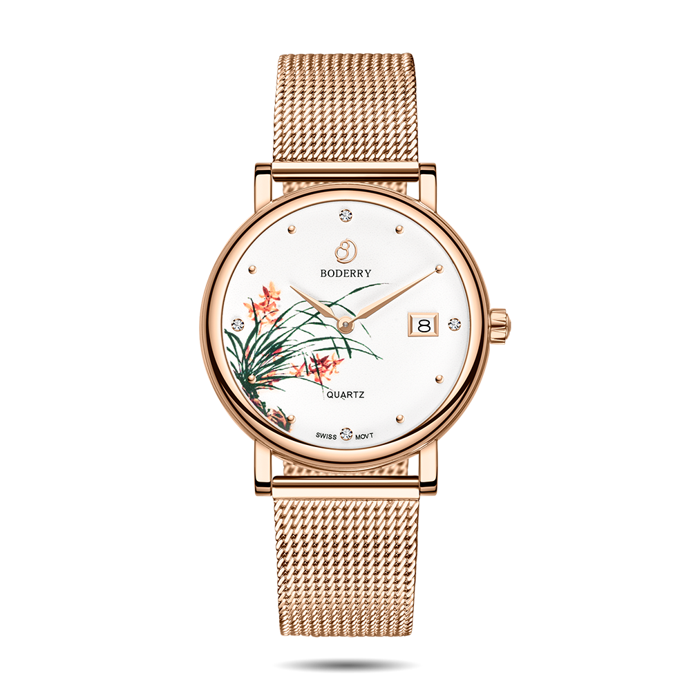 Women Watch | Orchid Gold Mesh Watch-Boderry Flower Boderry Watches