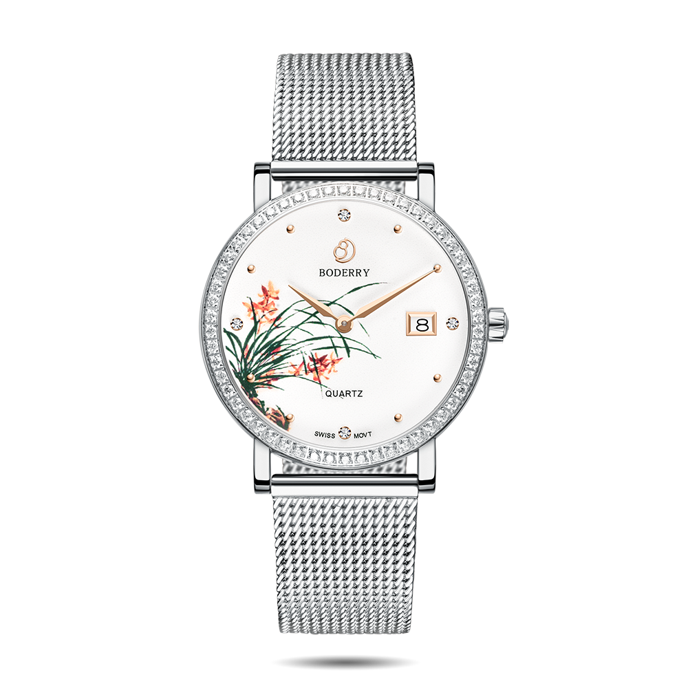 Women Watch | Orchid Silver Mesh Watch-Boderry Flower Boderry Watches