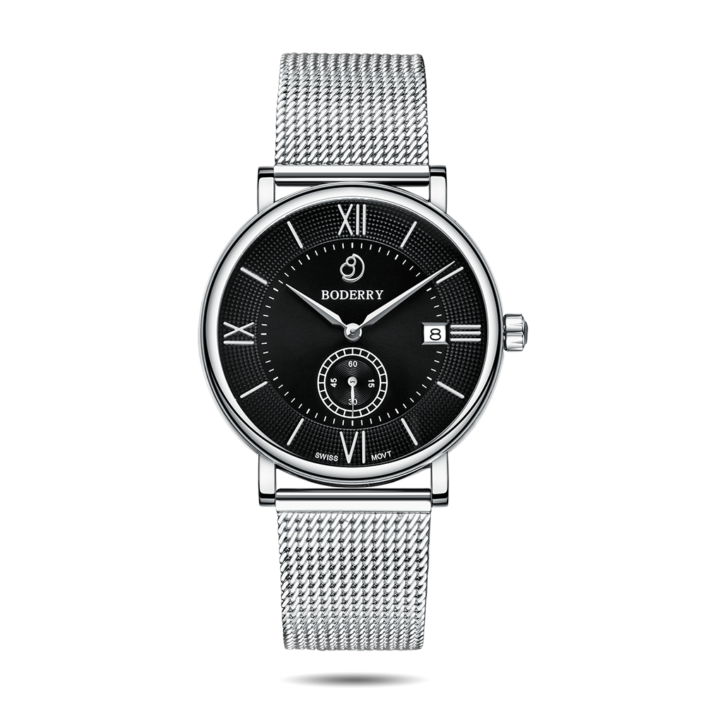 Mens Quartz(Swiss Movement) Watch | Silver/Black Dial-Boderry Elegant Boderry Watches
