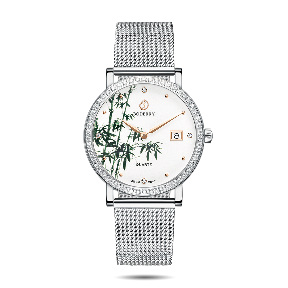 Women Watch | Bamboo Silver Mesh Watch-Boderry Flower Boderry Watches