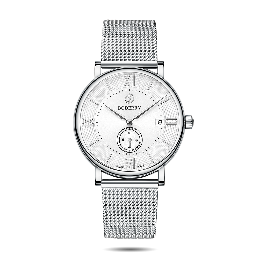 Mens Quartz(Swiss Movement) Watch | Silver/White Dial-Boderry Elegant Boderry Watches