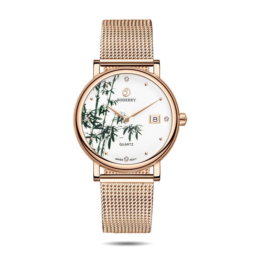 Women Watch | Bamboo Gold Mesh Watch-Boderry Flower Boderry Watches