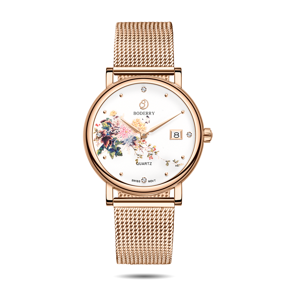 Women Watch | Chrysanth Gold Mesh Watch-Boderry Flower Boderry Watches