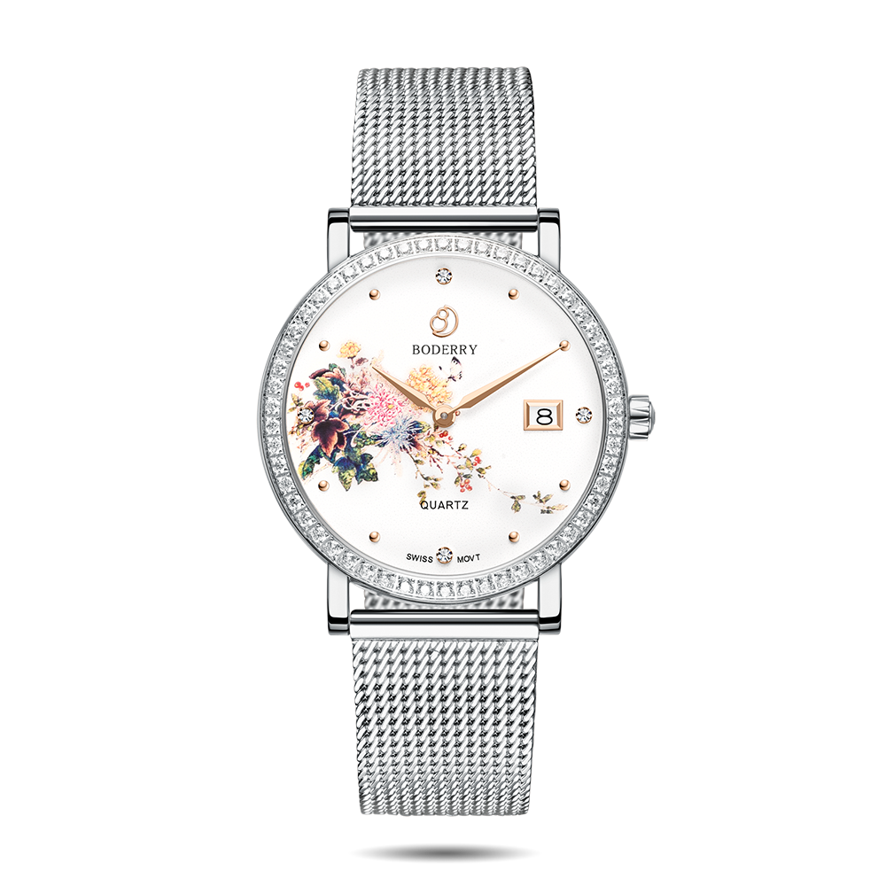 Women Watch | Chrysanth/Silver Mesh Watch-Boderry Flower Boderry Watches