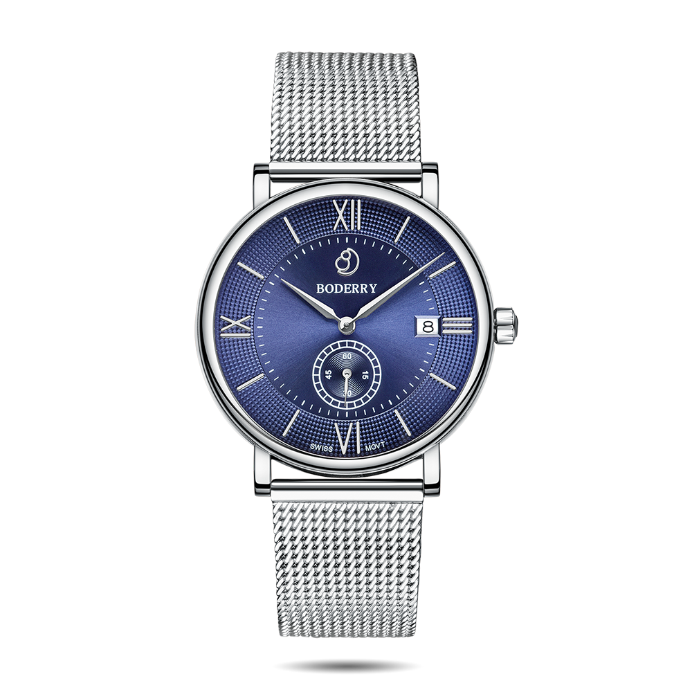Mens Quartz(Swiss Movement) Watch | Silver/Blue Dial-Boderry Elegant Boderry Watches