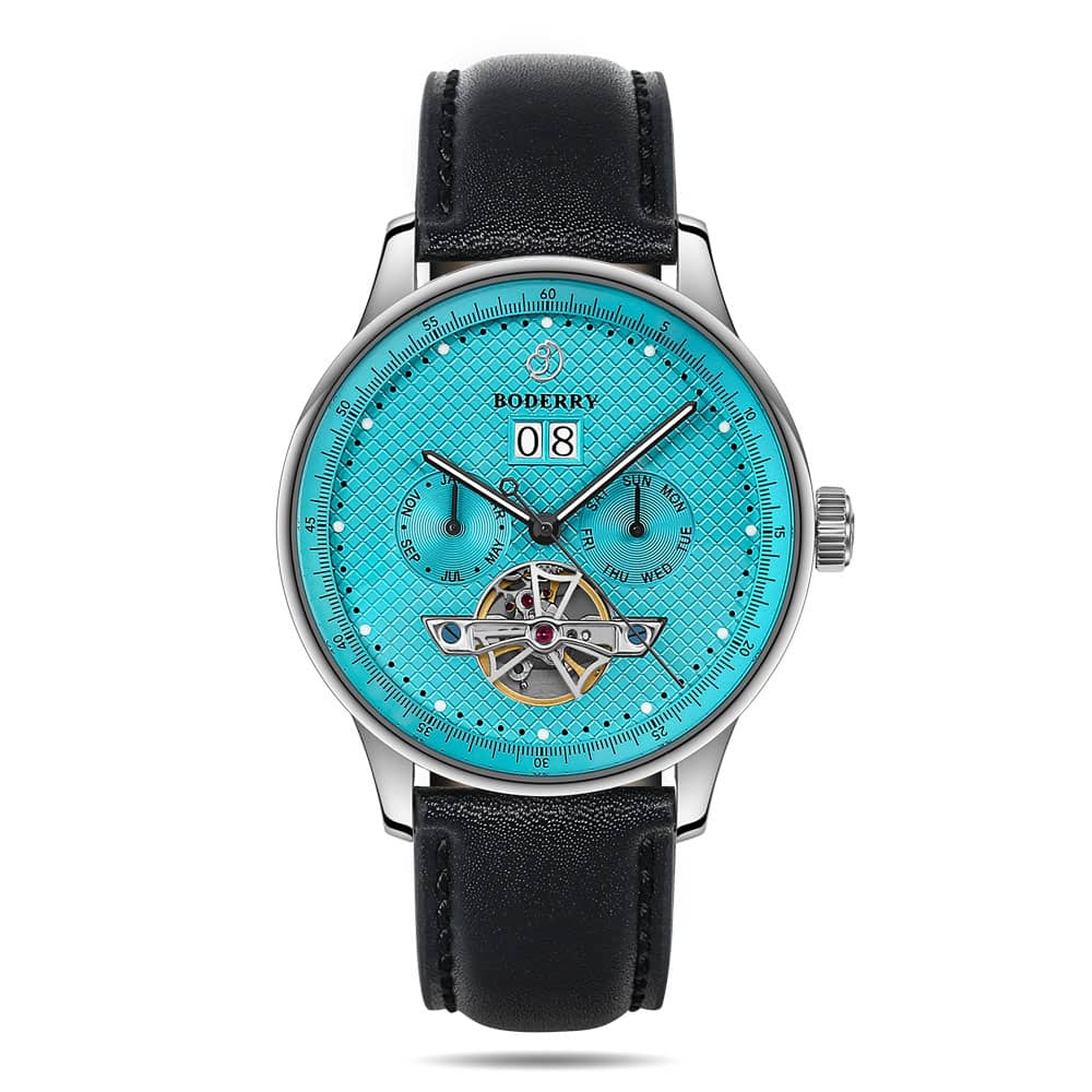 THE CHECKMATE - Complication Automatic Watch with Date,Day,Month Display -Turquoise & Leather Strap