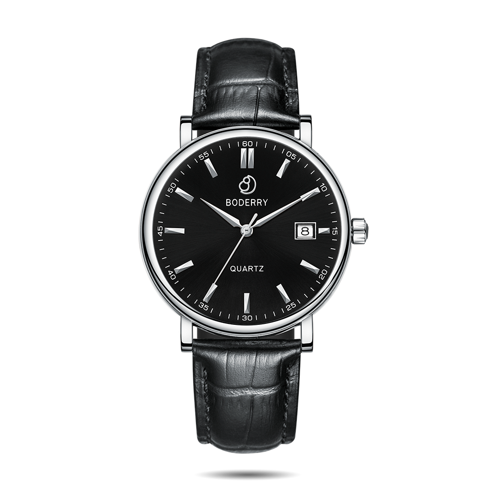 Mens Quartz(Swiss Movement) Watch | 40mm Silver Case with Black Leather Straps-Boderry Classic Boderry Watches