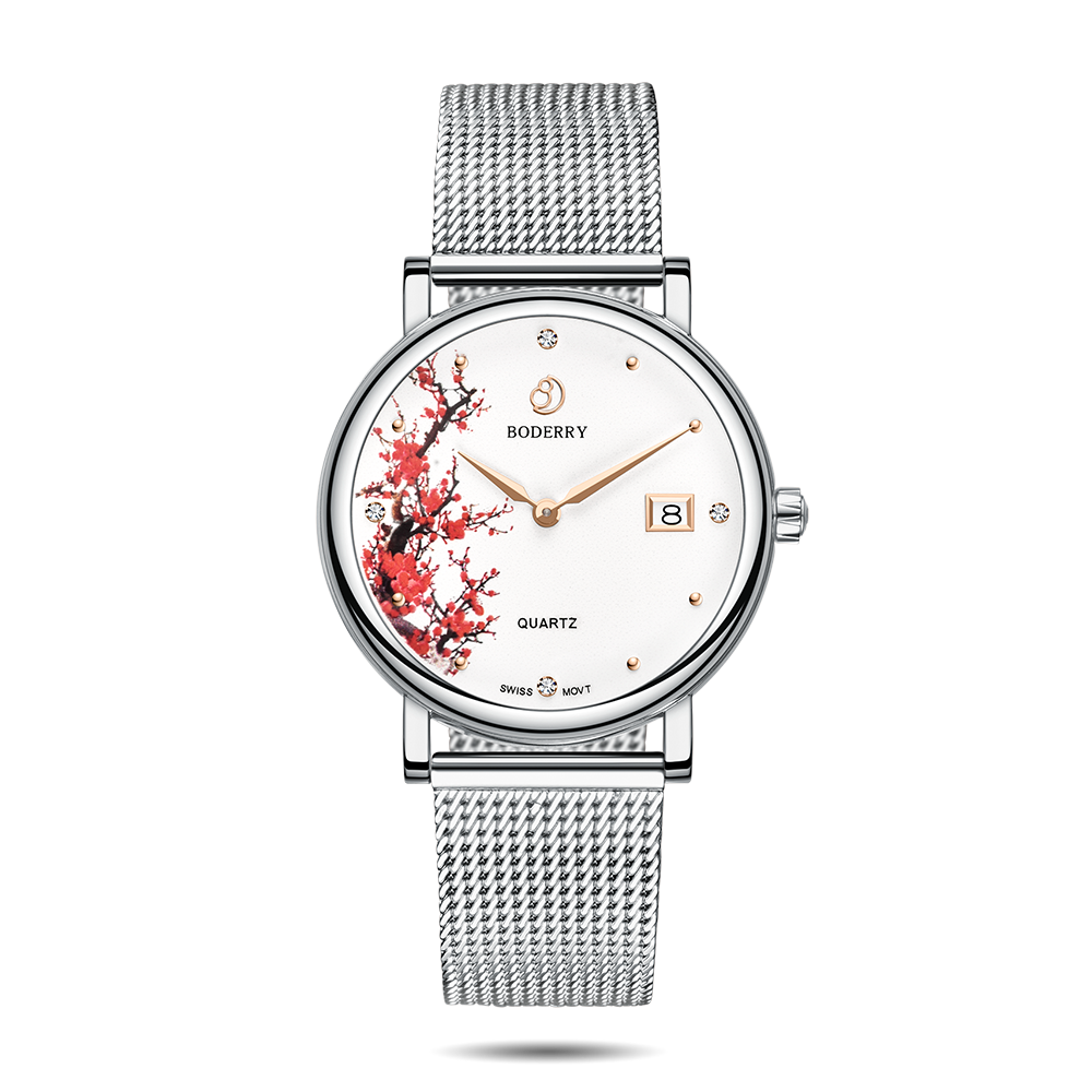 Women Watch | Plum Blossom Silver Mesh Watch-Boderry Flower Boderry Watches