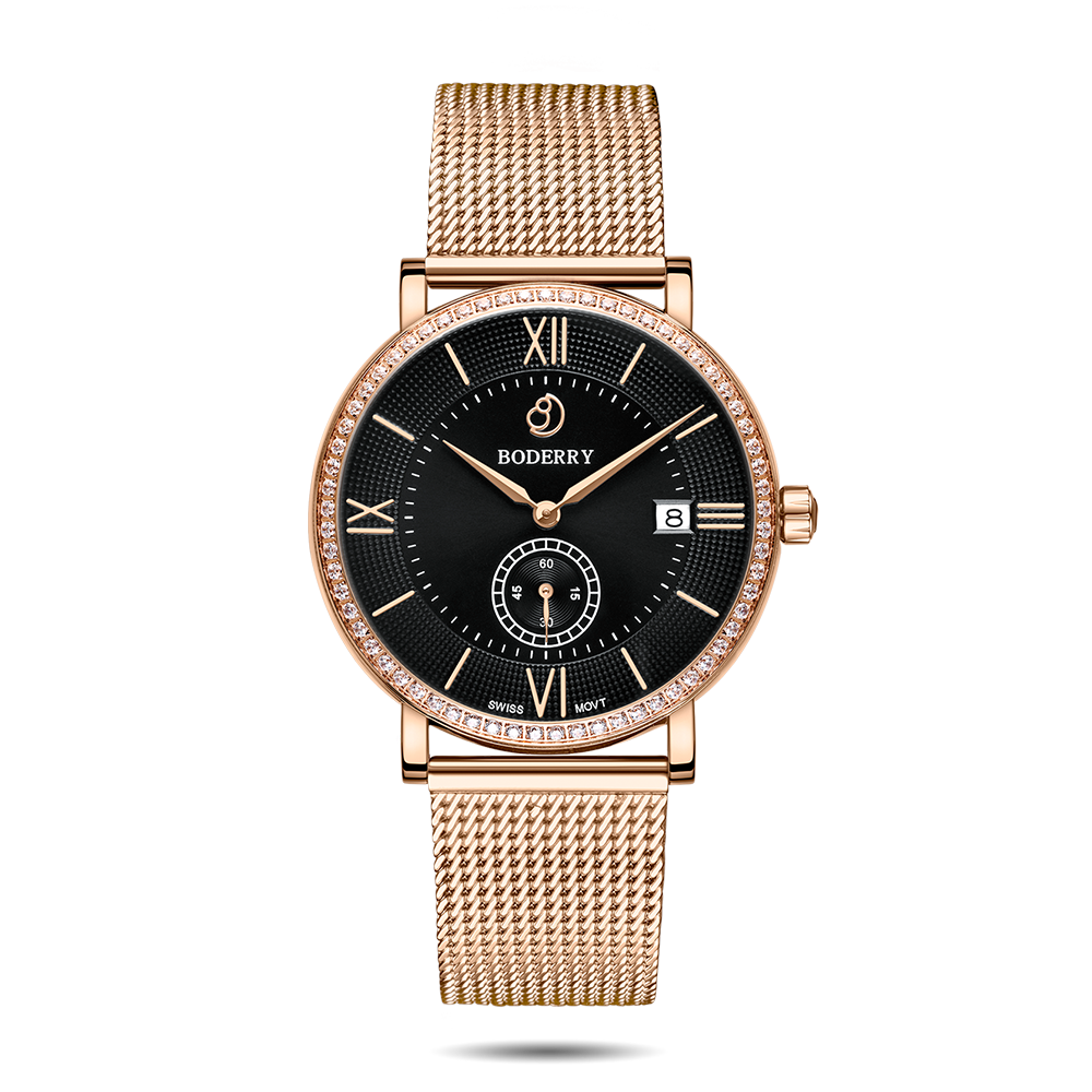 Mens Quartz(Swiss Movement) Watch | Rose Gold/Mesh Strap-Boderry Elegant II Boderry Watches