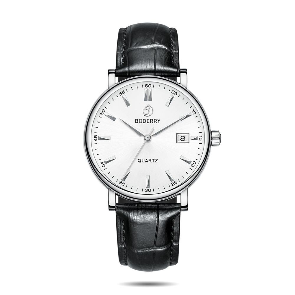 Mens Quartz(Swiss Movement) Watch | 40mm Silver Case with Black Leather Straps-Boderry Classic Boderry Watches