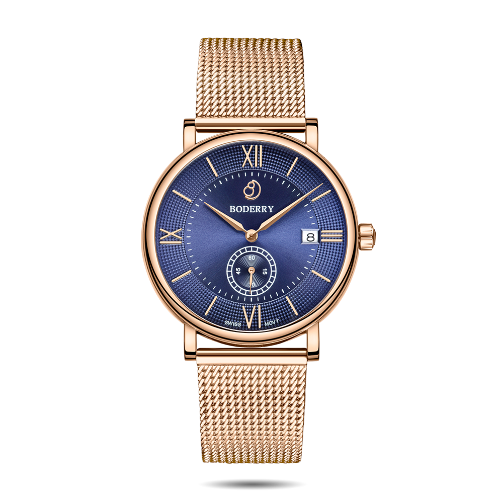 Mens Quartz(Swiss Movement) Watch | Rose Gold/Blue-Boderry Elegant Boderry Watches