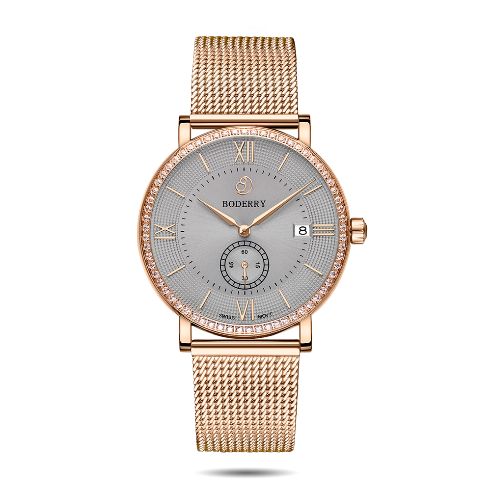 Mens Quartz(Swiss Movement) Watch | Rose Gold/Mesh Strap-Boderry Elegant II Boderry Watches