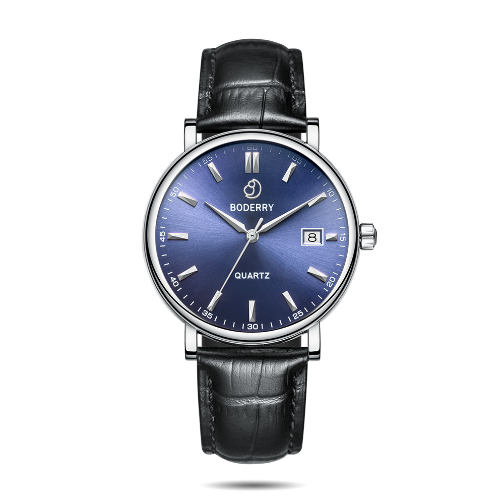 Mens Quartz(Swiss Movement) Watch | 40mm Silver Case with Black Leather Straps-Boderry Classic Boderry Watches