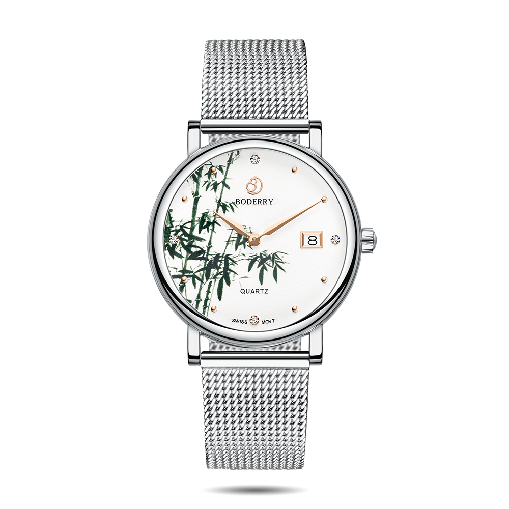 Women Watch | Bamboo Silver Mesh Watch-Boderry Flower Boderry Watches