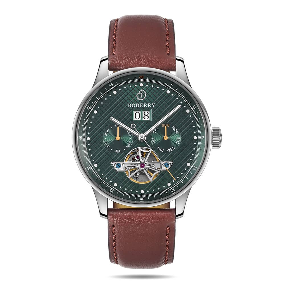 THE CHECKMATE - Complication Automatic Watch with Date,Day,Month Display -Emerald & Leather Strap