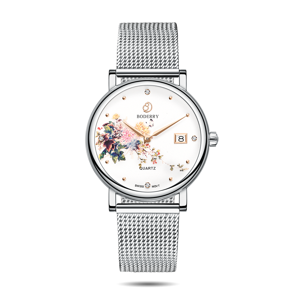Women Watch | Chrysanth/Silver Mesh Watch-Boderry Flower Boderry Watches