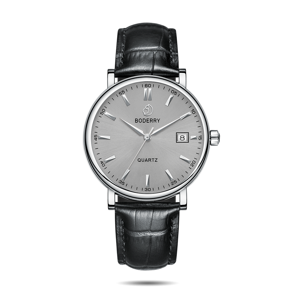 Mens Quartz(Swiss Movement) Watch | 40mm Silver Case with Black Leather Straps-Boderry Classic Boderry Watches