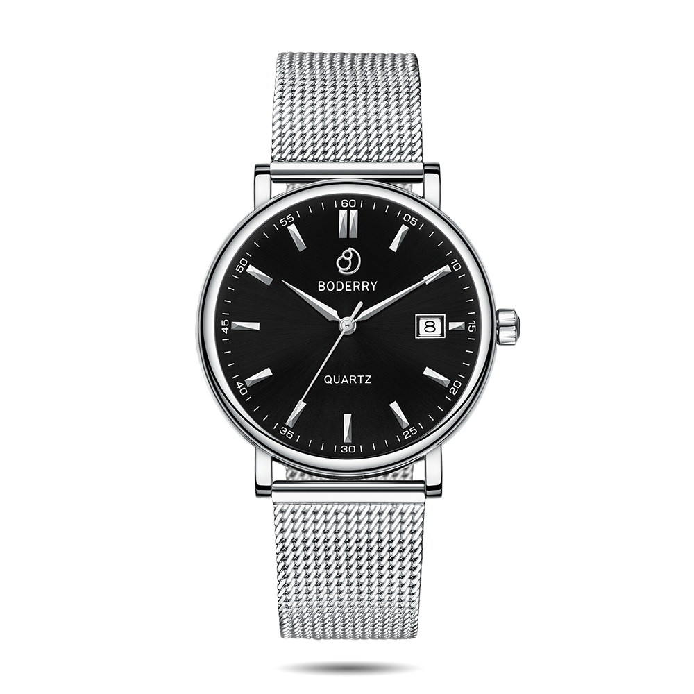 Mens Quartz(Swiss Movement) Watch | 40mm Case with Silver Mesh - Boderry Watches