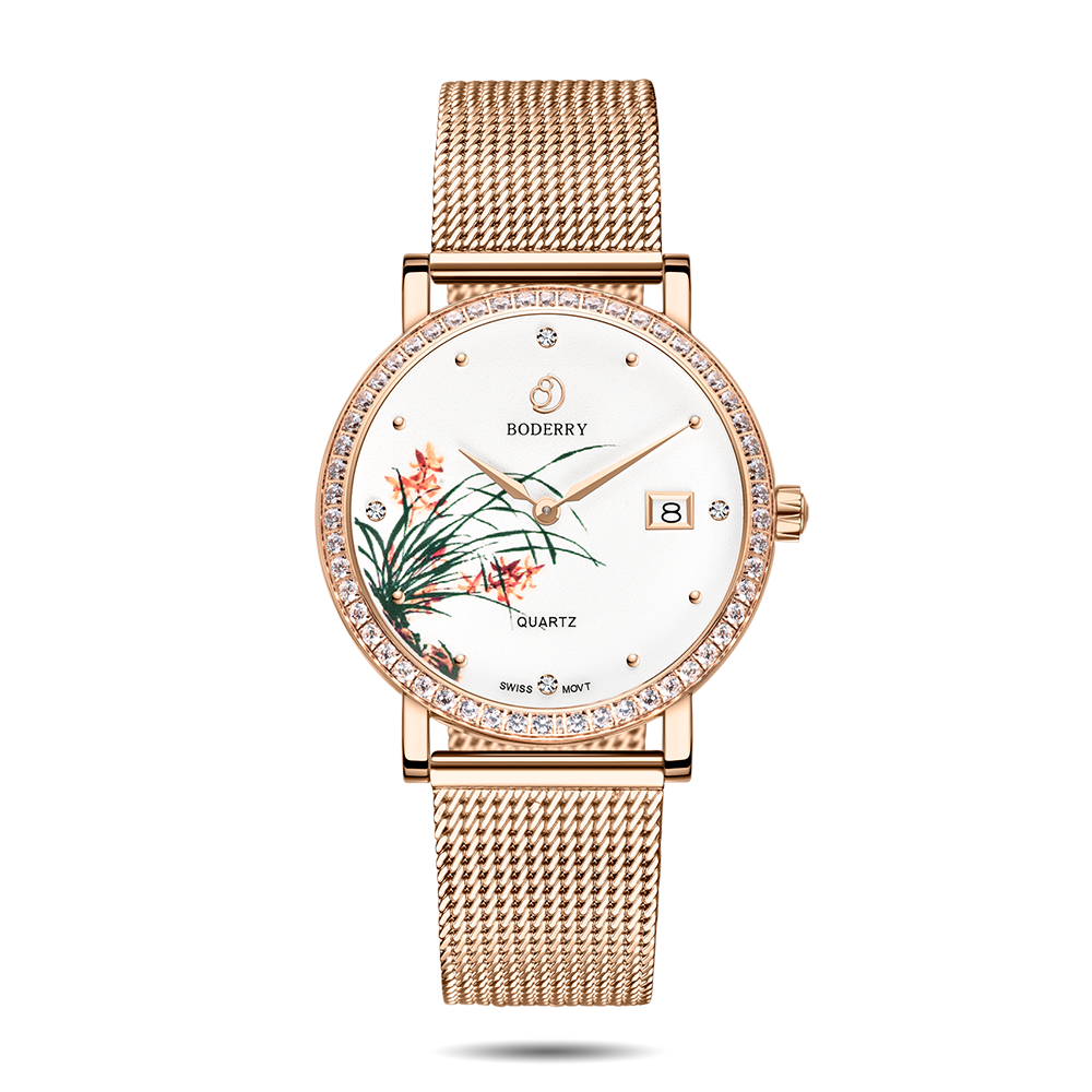 Women Watch | Orchid Gold Mesh Watch-Boderry Flower Boderry Watches