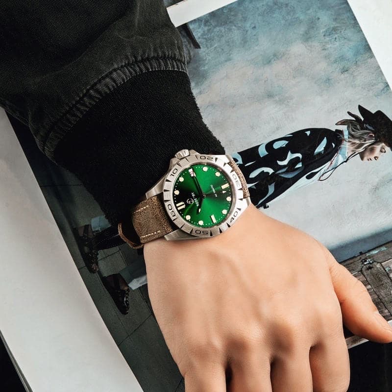 Mens Automatic Titanium Watch | Grey Dial/Leather Strap -Boderry Urban Date Boderry Watches